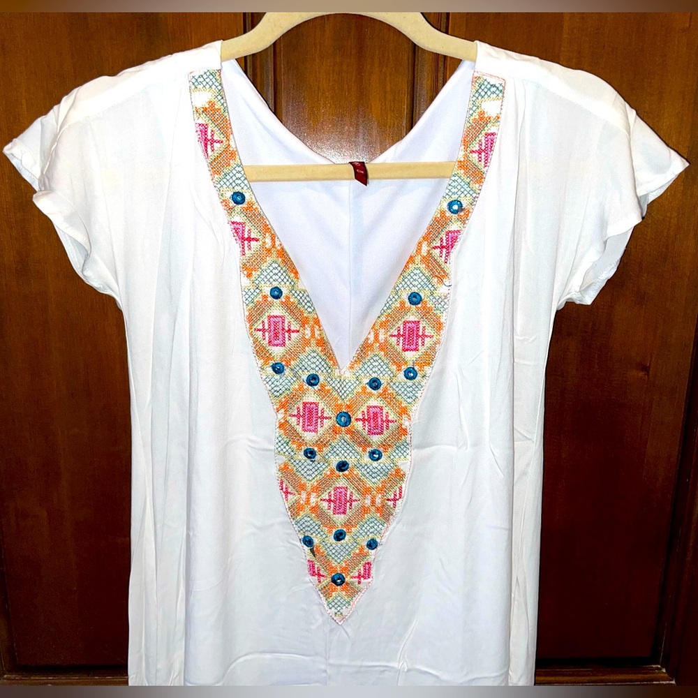 White Maxi dress with embroidered neckline